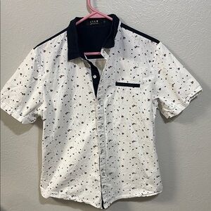 SSLR Men’s White Casual Button Down Shirt with Navy & Maroon Speckles SZ S